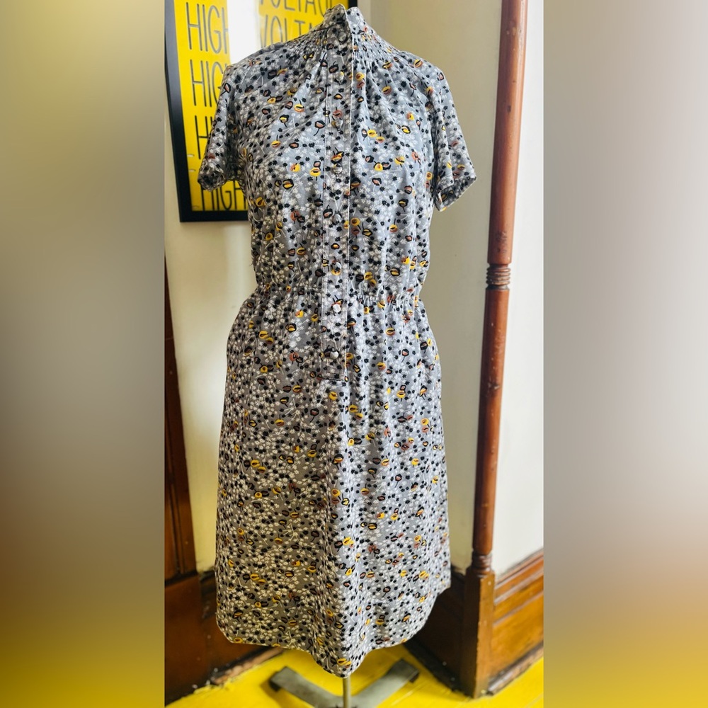 Vintage 70s High Collar Button Up Multicolor Floral Midi Dress